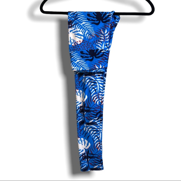 LULAROE funky one size super soft leggings blue tropical print cozy comfy - Picture 1 of 7